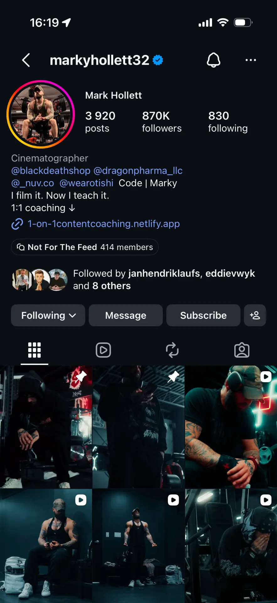 Mark Hollett Instagram profile with 870K followers
