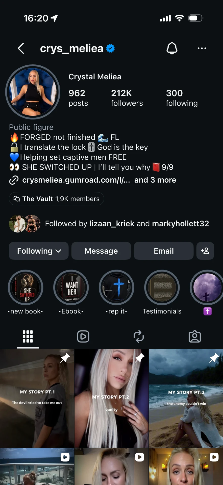 Crystal Meliea Instagram profile with 212K followers